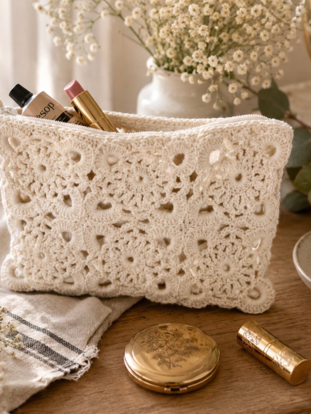 Hand Crocheted White Cotton Lined Floral Clutch  Boho Cottagecore Zip closure